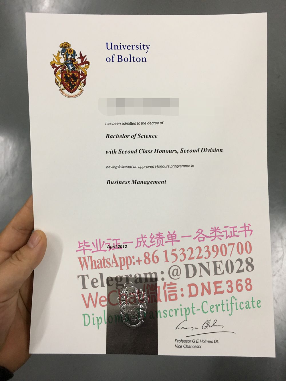 英国博尔顿大学毕业证样本